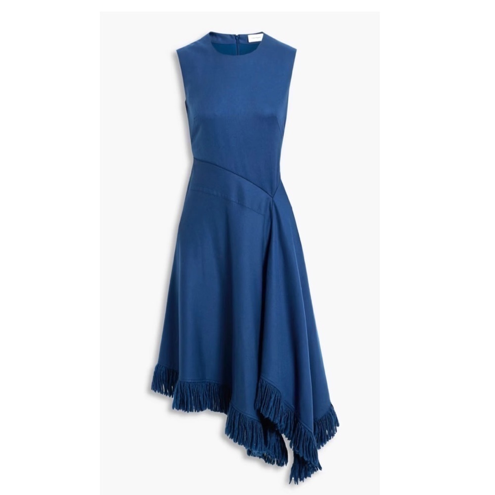 FERRAGAMO Cashmere Wool Asymmetric Fringed Midi Dress  Navy Blue NWT - Picture 2 of 11